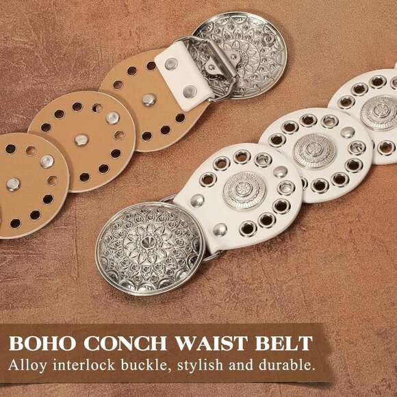 Women Vintage Disc Waist Concho Leather Belt Boho Waist Belt White Silver Buckle main image 6